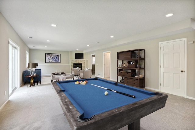 19281 Dunbury Ave, Farmington, MN 55024 - recreation room with carpet, billiards, recessed lighting, baseboards, and a tiled fireplace