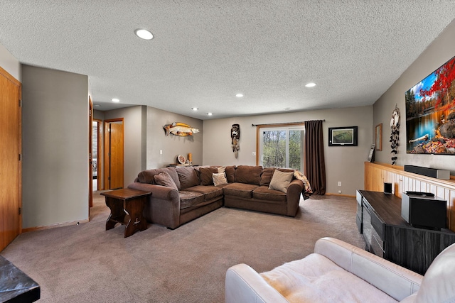 23465 7th St NE, East Bethel, MN 55005 - carpeted living room featuring recessed lighting, a textured ceiling, and baseboards