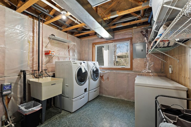 23465 7th St NE, East Bethel, MN 55005 - washroom with washer and dryer, laundry area, a sink, and electric panel