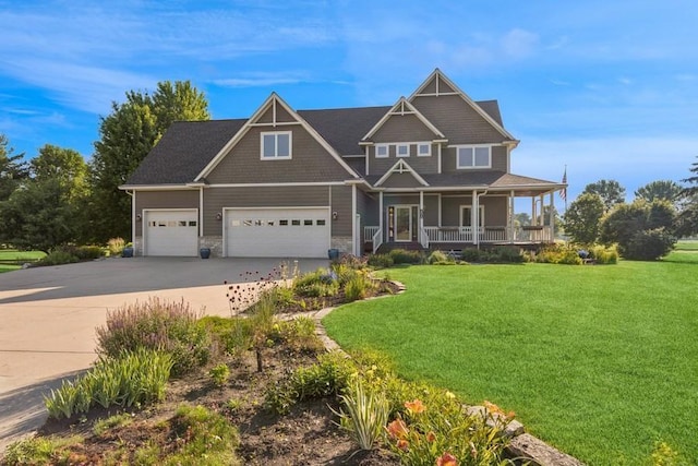 206 Fairway Cir, Glencoe, MN 55336 - craftsman inspired home with covered porch, concrete driveway, a front yard, stone siding, and an attached garage