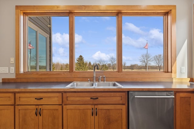 206 Fairway Cir, Glencoe, MN 55336 - kitchen featuring stainless steel dishwasher and brown cabinetry