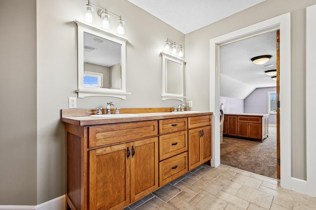 206 Fairway Cir, Glencoe, MN 55336 - full bath with double vanity, plenty of natural light, and vaulted ceiling