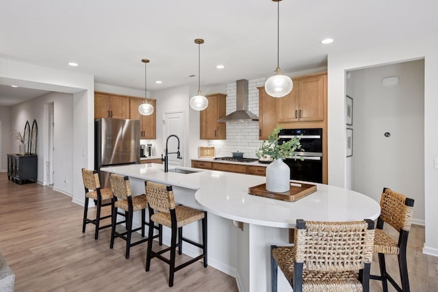 10054 Mulberry Ln, Corcoran, MN 55374 - kitchen featuring a sink, stainless steel appliances, light wood-type flooring, and wall chimney exhaust hood