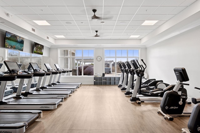 10054 Mulberry Ln, Corcoran, MN 55374 - workout area featuring a drop ceiling, visible vents, and wood finished floors