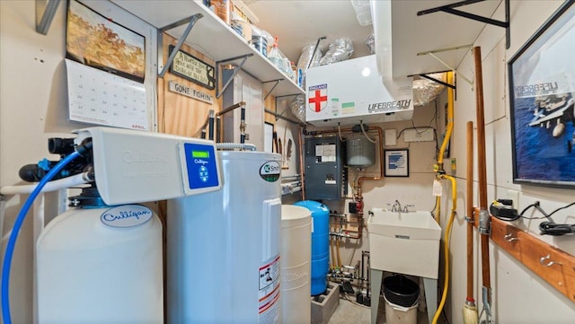 utilities with electric water heater and a sink
