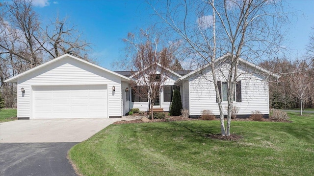 single story home featuring driveway, a front yard, and a garage