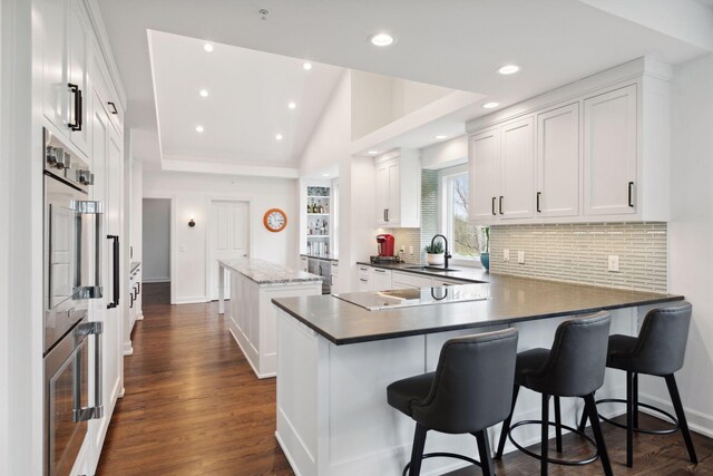 1360 Skyline Dr, Golden Valley, MN 55422 - kitchen featuring a sink, a peninsula, tasteful backsplash, recessed lighting, and a kitchen island