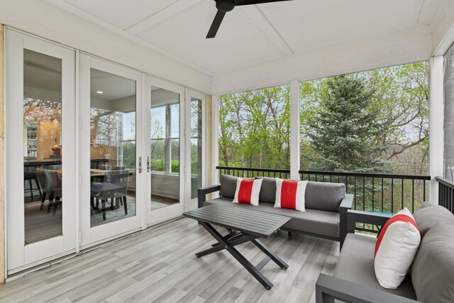 1360 Skyline Dr, Golden Valley, MN 55422 - sunroom / solarium with an outdoor hangout area, french doors, a wooden deck, and ceiling fan
