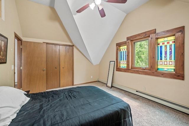 1005 Mclean Ave, Saint Paul, MN 55106 - bedroom featuring lofted ceiling, carpet, baseboard heating, baseboards, and a ceiling fan