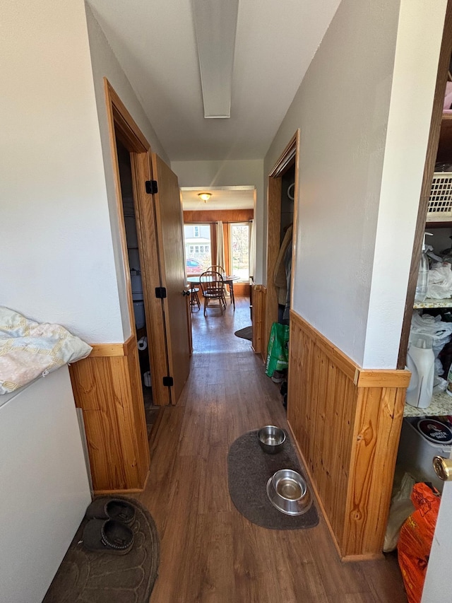 hallway featuring wood finished floors, wood walls, and a wainscoted wall