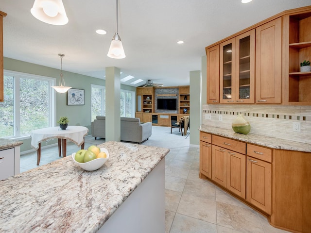kitchen with ceiling fan, open shelves, hanging light fixtures, and recessed lighting