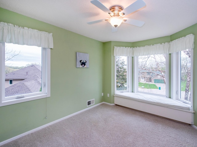 empty room with plenty of natural light, carpet, baseboards, and visible vents