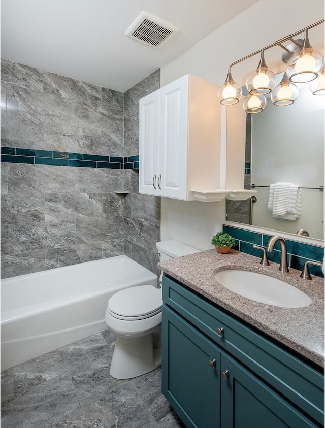 full bath featuring vanity, toilet, shower / bathtub combination, and visible vents