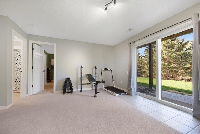exercise room with baseboards, rail lighting, and light colored carpet