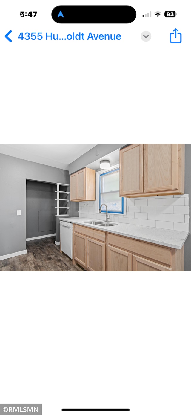 4355 Humboldt Ave N, Minneapolis, MN 55412 - kitchen with light brown cabinets, a sink, light countertops, dishwasher, and tasteful backsplash