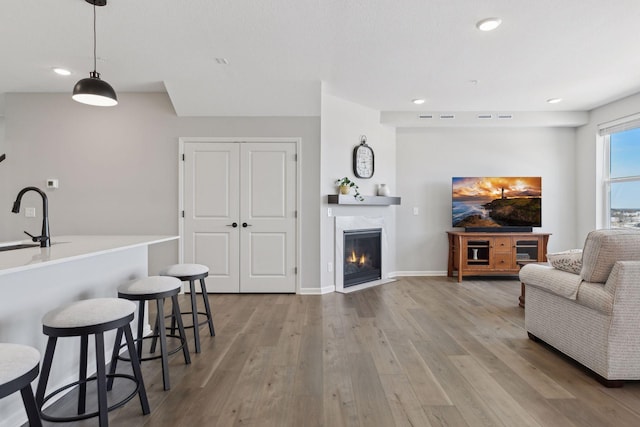 173 Junco Rd N, Lake Elmo, MN 55042 - living room with light wood finished floors, a premium fireplace, recessed lighting, and baseboards