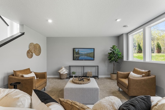 carpeted living area with a textured ceiling, baseboards, and recessed lighting