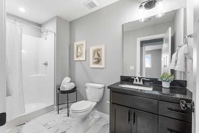 full bath featuring toilet, a shower with curtain, marble finish flooring, and vanity