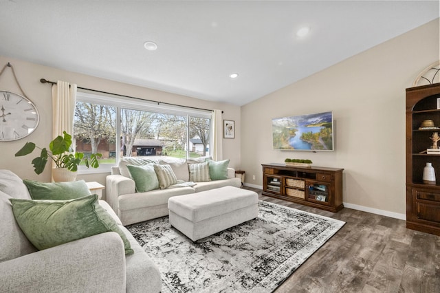 living area featuring vaulted ceiling, recessed lighting, baseboards, and wood finished floors