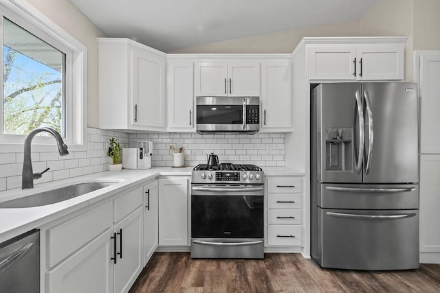 kitchen with a sink, lofted ceiling, stainless steel appliances, and backsplash