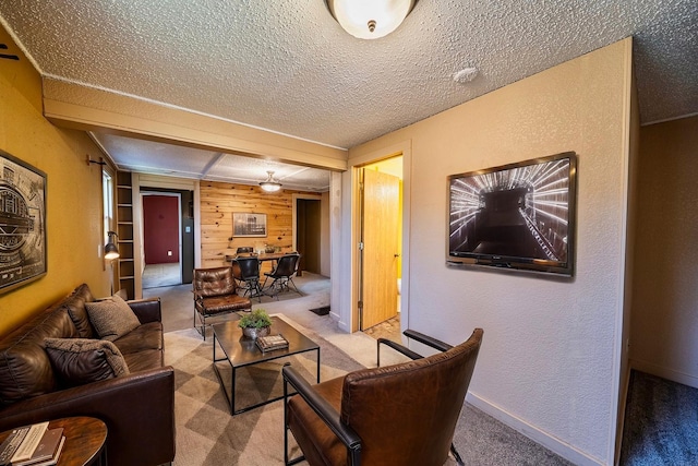living room featuring a textured ceiling, a textured wall, and light carpet