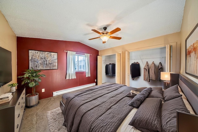 bedroom with vaulted ceiling, carpet floors, a ceiling fan, and a baseboard heating unit