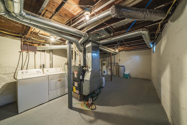 unfinished basement featuring heating unit, independent washer and dryer, and electric water heater