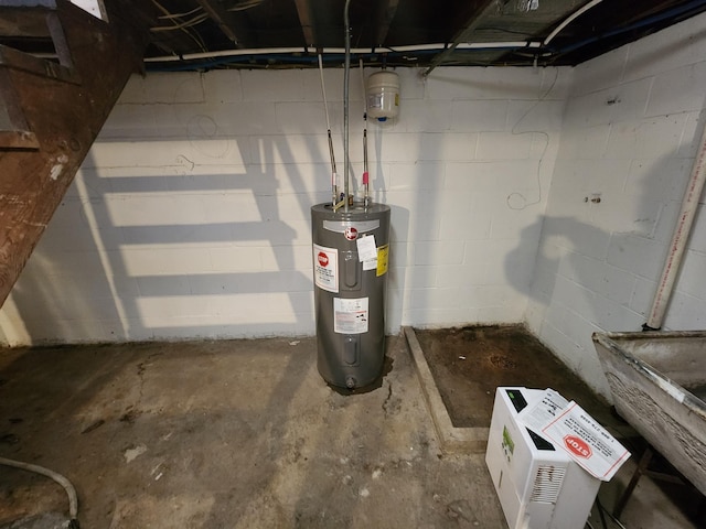unfinished below grade area with concrete block wall and electric water heater