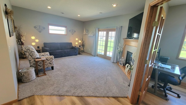 living area with recessed lighting, baseboards, a glass covered fireplace, and wood finished floors