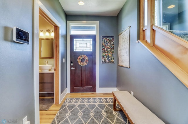 entrance foyer with baseboards and wood finished floors