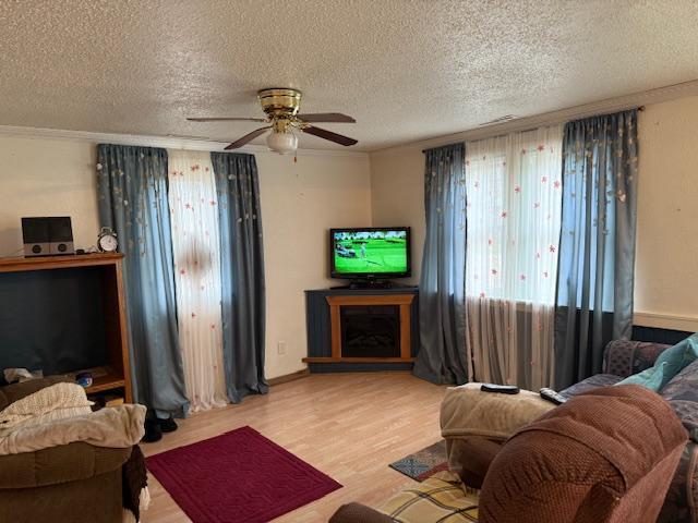 40171 Clitherall Lake Rd, Clitherall Twp, MN 56524 - living room featuring a textured ceiling, a ceiling fan, and wood finished floors