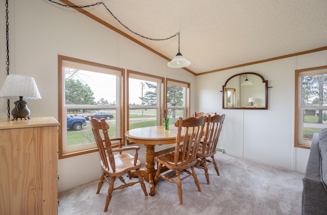 2765 Fraser St, La Prairie, MN 55744 - dining room with crown molding, a textured ceiling, light carpet, and lofted ceiling