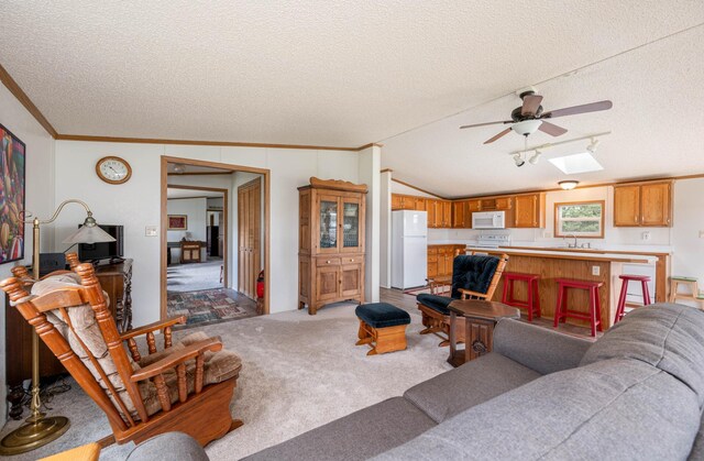 2765 Fraser St, La Prairie, MN 55744 - living area featuring crown molding, a textured ceiling, ceiling fan, and light carpet