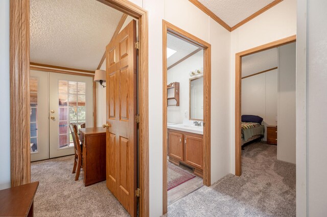 2765 Fraser St, La Prairie, MN 55744 - hall featuring a sink, ornamental molding, a textured ceiling, and light colored carpet