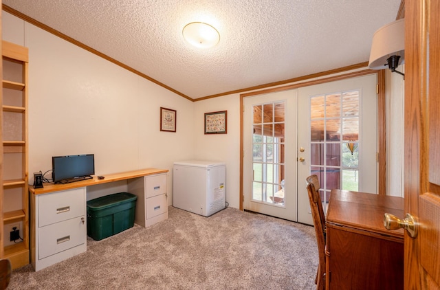 2765 Fraser St, La Prairie, MN 55744 - unfurnished office featuring french doors, a textured ceiling, vaulted ceiling, ornamental molding, and carpet