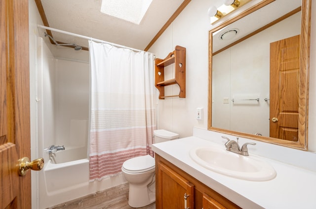 2765 Fraser St, La Prairie, MN 55744 - bathroom featuring vanity, lofted ceiling with skylight, wood finished floors, and toilet