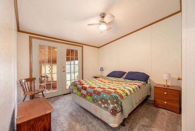 2765 Fraser St, La Prairie, MN 55744 - bedroom with french doors, crown molding, vaulted ceiling, carpet floors, and access to outside