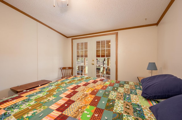 2765 Fraser St, La Prairie, MN 55744 - bedroom featuring ornamental molding, french doors, a textured ceiling, and access to exterior