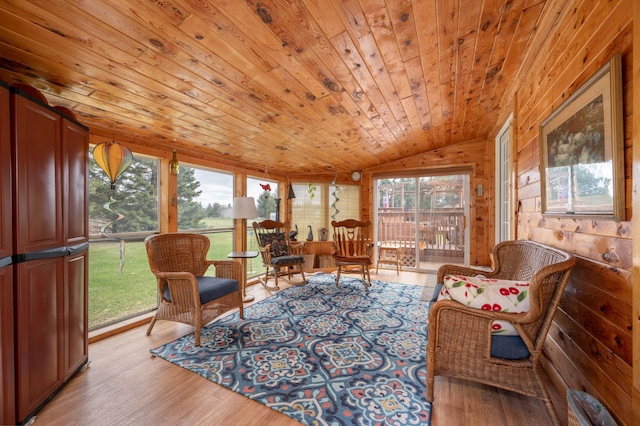 2765 Fraser St, La Prairie, MN 55744 - sunroom / solarium with wooden ceiling, vaulted ceiling, wood walls, and wood finished floors