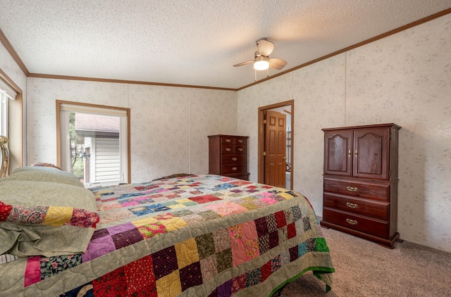 2765 Fraser St, La Prairie, MN 55744 - bedroom featuring a ceiling fan, a textured ceiling, light colored carpet, crown molding, and wallpapered walls