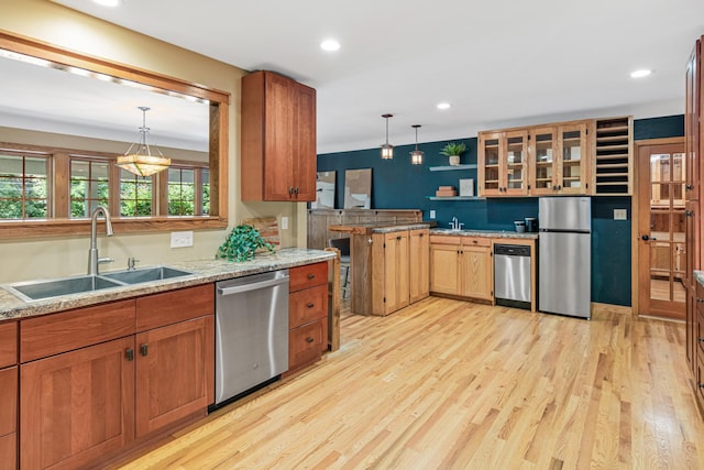 636 County Road B E, Maplewood, MN 55117 - kitchen featuring stainless steel appliances, light wood-type flooring, decorative light fixtures, open shelves, and recessed lighting