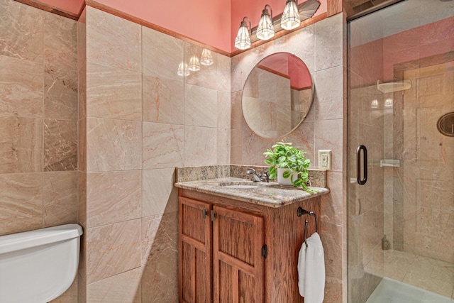 636 County Road B E, Maplewood, MN 55117 - full bathroom featuring tile walls, vanity, and a shower stall