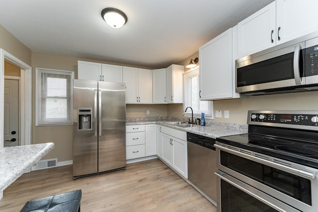 kitchen featuring white cabinets, a sink, light wood-style floors, stainless steel appliances, and visible vents