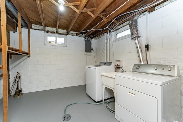 laundry area with laundry area, electric panel, washing machine and clothes dryer, concrete block wall, and a sink