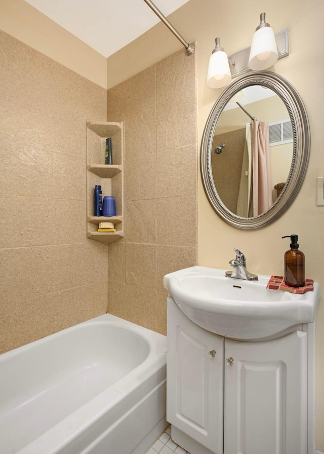 1100 Summit Ave, Saint Paul Park, MN 55071 - full bath featuring vanity, shower / bath combination with curtain, and tile patterned flooring