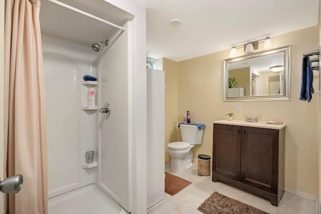 1100 Summit Ave, Saint Paul Park, MN 55071 - bathroom with vanity, curtained shower, toilet, and tile patterned flooring