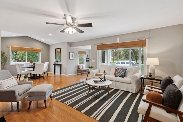living room with recessed lighting, ceiling fan, a healthy amount of sunlight, and wood finished floors