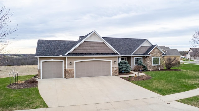 craftsman house with a garage, stone siding, concrete driveway, and a front yard