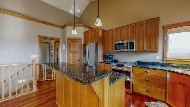 kitchen featuring dark wood-style floors, high vaulted ceiling, a center island, brown cabinets, and appliances with stainless steel finishes