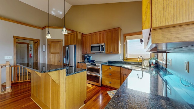 kitchen featuring a kitchen island, appliances with stainless steel finishes, wood finished floors, a sink, and dark stone countertops